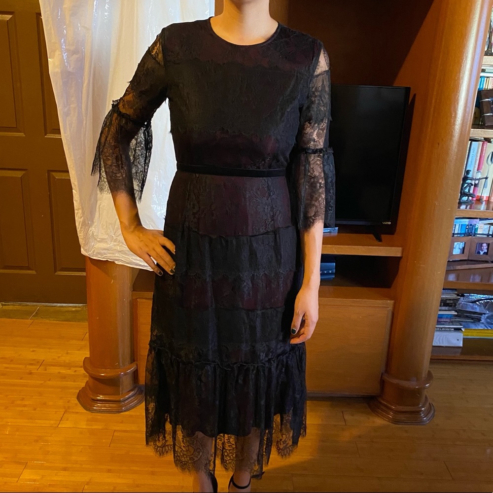 Black Lace Midi dress over red lining Long Sleeve Rick Rhe